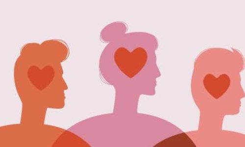 People with hearts as a love triangle. Silhouette vector stock illustration. The concept of polyamorous relationships. Men and woman in love. Valentine's day banner